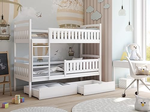 Lit mezzanine, 80 x 180 cm, 90 x 200 cm, avec deux matelas et deux tiroirs, sommier à lattes, protection anti-chute, transformable en deux lits simples, blanc, 90 x 200 cm, de 4 à 18 ans - Nail Gallerys