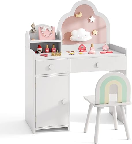 DREAMADE Coiffeuse Enfant Fille avec Miroir Amovible&Tabouret,Table de Maquillage Enfants avec Étagère,Tiroirs,Armoire,Coiffeuse Princesse 3+Ans (Blanc) - Nail Gallerys