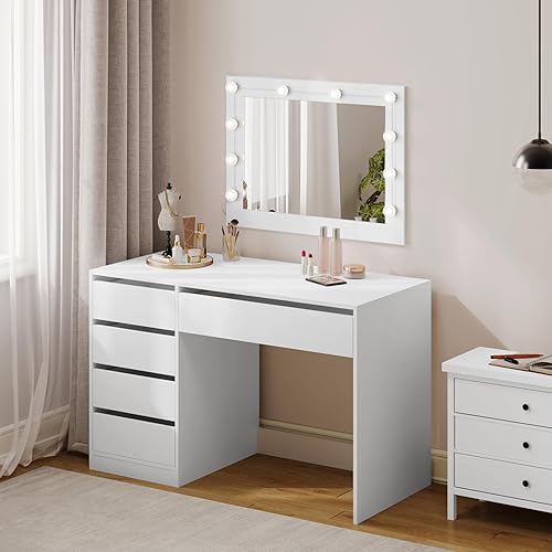 eSituro Coiffeuse avec tiroirs sans Miroir, 120x55 cm, Bureau avec Rangement Tiroir, Bureau Blanc, avec 5 Tiroirs, Table de Bureau, Bureau Informatique, Bureau Ordinateur, Post de Travail - Nail Gallerys