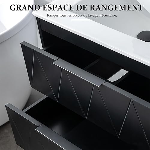 UEV Meuble sous Lavabo Suspendu 60cm, avec 2 Grands Tiroirs, Meuble Salle de Bain, Motif Ligne, Style Scandinave, Noir (Lavabo Non Inclus) - Nail Gallerys