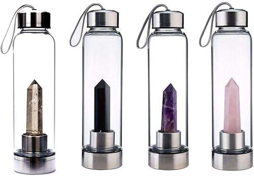 LINKLANK Bouteille d'eau en verre de cristal, réutilisable avec une chambre de pierres précieuses en cristal de roche étincelantes, verre de cristal amovible et acier inoxydable - Nail Gallerys