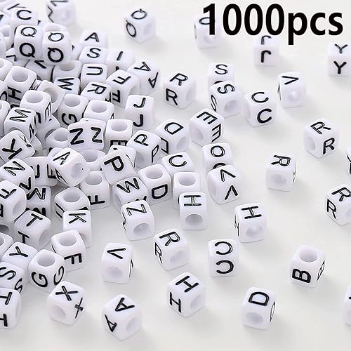 HERZWILD 8 x 8 mm Perles Lettres Perles Alphabet Perle Blanche avec Lettres Noir A ~ Z Perles Lettres 400pcs cubiques Lettres Perles pour DIY Artisanats(8 x 8 mm) - Nail Gallerys