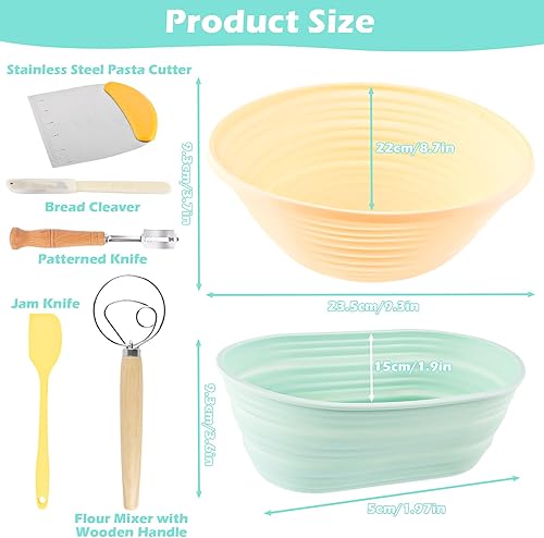PBUSPU Lot de 2 Banneton pour Pain, Banneton Panier D'épreuvage Set, Racloir à Pâte, Couteau de Boulanger avec 5 Lames Supplémentaires, Fouet à pâte Danois, Coupe à pain, Couteau à Confiture - Nail Gallerys