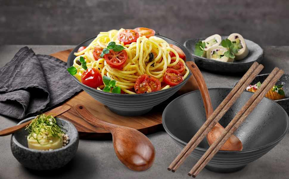 Ramen Japonais en Porcelaine, Grandes Saladier, Bol de Nouilles, Bol de Céréales, Noir