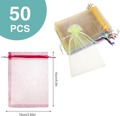 KroY PecoeD 50 Pcs Sachets Organza 10x15 cm, 10 Couleurs Organza Gift Bags avec Cordon, Pochette à Bijoux Sac de Cadeau en Organza, Sachet Bonbon Organza, Faveur de Mariage Sacs - Nail Gallerys