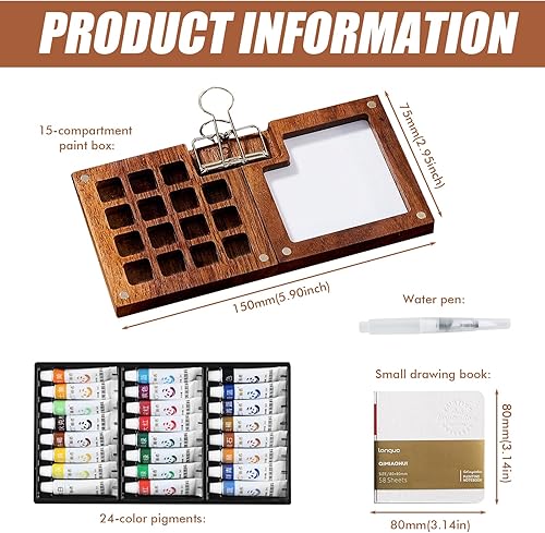 LEKEFETO Lot de 15 mini peintures aquarelles - Palette portable - Carnet de croquis de voyage - Palette portable - Avec palette et 24 couleurs - Livre de dessin et stylo et clips - Nail Gallerys
