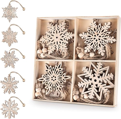estcoo Lot de 20 Flocon de Neige, 5 Styles Decoration Noel en Bois pour Sapin Rustique, Arbre de Noël Ornements à Suspendre pour l'Artisanat Bricolage Mariage-7,5 cm - Nail Gallerys