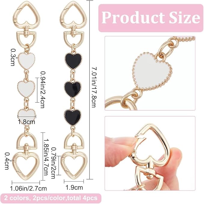 FIBOUND 2 Pièces Sangle de Chaîne d'Extension de Sac, Forme de Coeur Sac à Main Extender Strap, Forme de Cœur Chaine Sac a Main Chaîne de Rechange, pour Sac à Main, Portefeuille, Loisirs Créatifs - Nail Gallerys