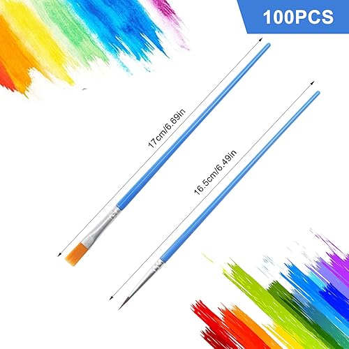 Lot de 100 pinceaux, 50 pinceaux ronds et 50 pinceaux plats en nylon pour peinture acrylique, enfants et adultes, pour dessiner, bricoler, fournitures artistiques - Nail Gallerys