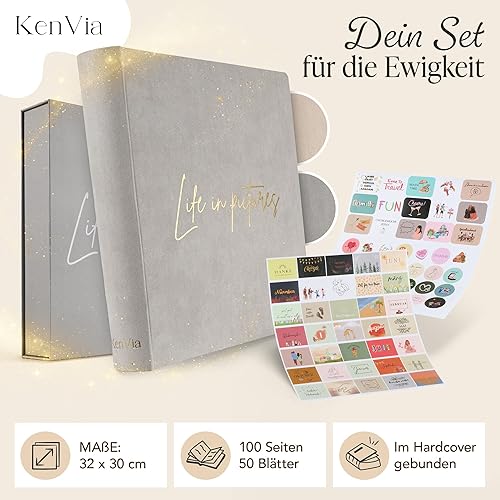 KenVia® Album photo à personnaliser - XXL - 100 pages blanches (50 feuilles) avec autocollants et boîte cadeau - Grand album photo pour 400 photos - Racontez votre vie en images - Nouveau livre photo - Nail Gallerys