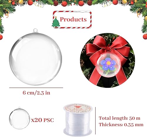 6CM Boules de Noel Transparentes à Remplir, dellyy 20 Pièces Boules Transparentes à Remplir, Boule Noël Transparente à Remplir, Boule de Décoration en Plastique DIY Déco avec 50 Mètres de Corde - Nail Gallerys