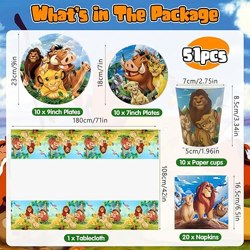 Lot de 52 décorations d'anniversaire Lion-King - Assiettes en carton - Assiettes en carton - Gobelets - Serviettes - Décoration d'anniversaire pour 10 personnes - Nail Gallerys