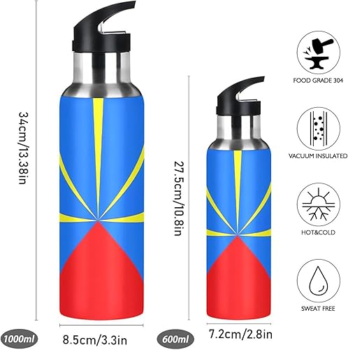 Bouteille d'eau de sport sans BPA avec paille - 591 ml - En acier inoxydable - Isolation sous vide - Pour salle de sport, extérieur, voyage, école, drapeau de l'île de la Réunion - Nail Gallerys