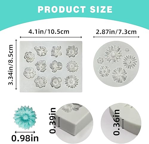 Auiremrti 2 pièces moules en silicone pour fleurs, moule à fleurs pour fondant, moules en silicone pour pâte polymère, moule à pâte pour marguerites et roses pour cupcakes, bricolage, décoration de - Nail Gallerys