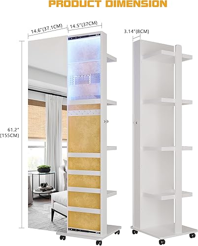 Figbird Armoire à bijoux LED rotative à 360 °,trois couleurs à intensité variable,avec miroir sur toute la longueur,organisateur de bijoux 4 roulettes et compartiment de rangement arrière Blanc - Nail Gallerys