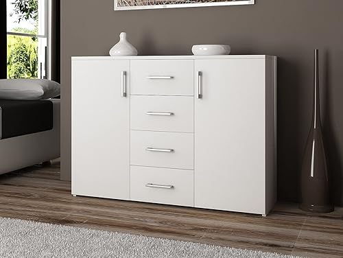 AKORD Commode 4 Tiroirs et 2 étagères avec Portes K45 | L110 x H80 x P35 cm | Moderne Bahut Meubles de Salon TV | Buffet Salle a Manger Chambre | Poids 43 kg - Nail Gallerys