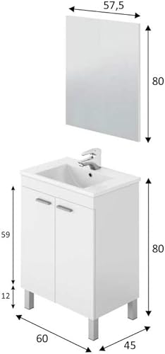 PEGANE Meuble Salle de Bain sous-Vasque 60 cm avec 2 Portes + Miroir Coloris Blanc Brillant - H80 x Longueur 60 x Profondeur 45 cm - Nail Gallerys