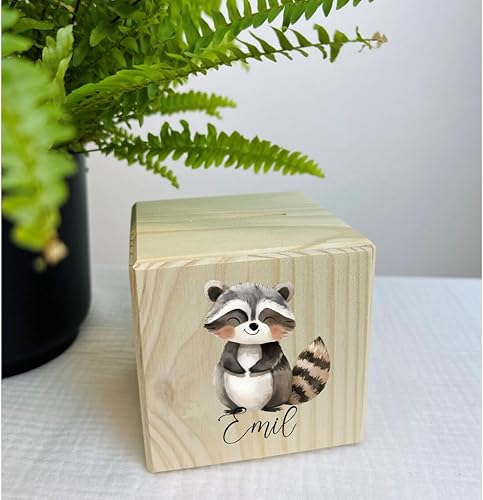 minimutz Tirelire en bois pour enfant - Personnalisable - Animal fille et garçon - 10 x 10 cm - Impression colorée raton laveur - Nail Gallerys