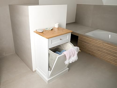 WONDERMAKE® Armoire à linge haute ou poubelle en bois/bambou - Meuble Rangement Linge pour salle de bain ou cuisine - Avec tiroir - 51 x 37 x 82 cm - Blanc - Nail Gallerys