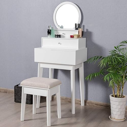 COSTWAY Miroir avec 2 tiroirs - Miroir Rond - Coiffeuse - Nail Gallerys