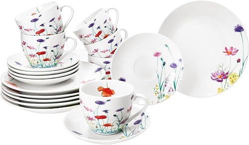 MamboCat Marie Service à café 18 pièces I Vaisselle en porcelaine avec décor prairie florale pour 6 personnes I 6 tasses de 190 ml, soucoupes et assiettes pour petit-déjeuner et café - Nail Gallerys