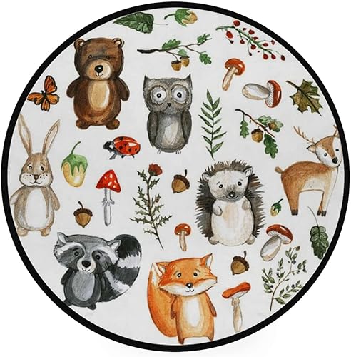 Vantaso Tapis rond pour chambre d'enfant - Animaux de la forêt mignons - Antidérapant - 91 cm - Pour chambre d'enfant, salle de jeux - Nail Gallerys