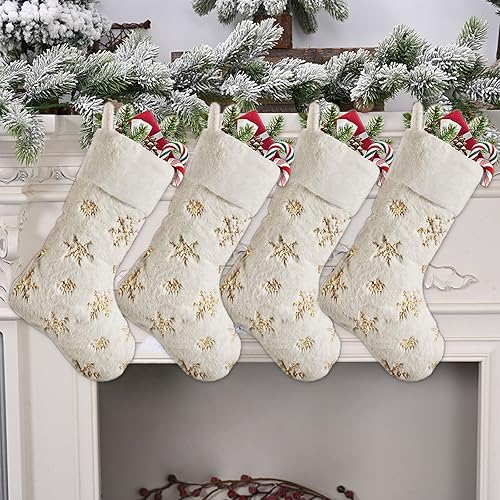 4 Pièces Blanc Peluche Chaussettes Bas De Noël Sac, Chaussettes De Noël en Fausse Fourrure Blanc Crème avec Flocons De Neige, Décoration De Cheminée De Noël Sac De Bonbons Flocon De Neige (A) - Nail Gallerys