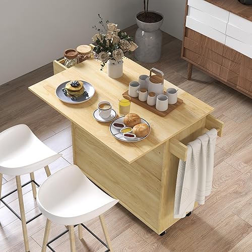 HOMCOM Chariot de cuisine avec plateau pliable, île de cuisine style Boho avec tiroir, armoire et porte-épices en bois et rotin - Nail Gallerys