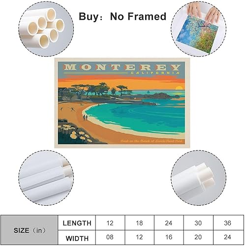 ROOKE Poster vintage de Monterey California Lovers Point Park - Peinture décorative sur toile - Décoration moderne pour chambre à coucher - 30 x 45 cm - Nail Gallerys