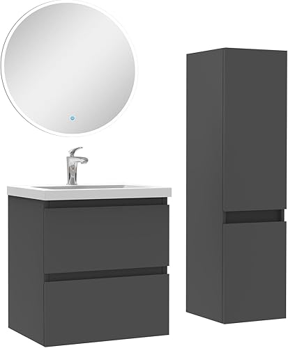 AICA Ensemble Meubles Salle de Bain 100cm Vasque + Colonne + Miroir Rond Lumineux Anthracite - Nail Gallerys