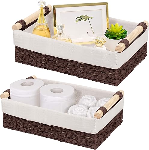 Lot de 2 Panier de Rangement, Corbeille Tressé Rectangulaire Panier Rangement Salle de Bain Panier de Rangement Tissé en Corde de Papier Grand+Petit avec Anse pour Salle de Bain, Salon (Beige) - Nail Gallerys