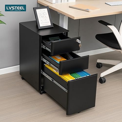 LVSTEEL Caisson Bureau, avec roulettes et Serrure, Caisson de Rangement Mobile, Meubles de Bureau, avec 3 Tiroirs pour Dossiers et Dossiers Suspendus, Bureau à Domicile, Entièrement Assemblé - Nail Gallerys