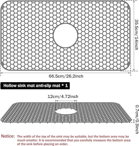 Tapis de protection d'évier en silicone 66,2 x 35,6 cm avec trou de drainage central, antidérapant et résistant à la température, tapis d'évier pour fond d'évier de cuisine, vaisselle et verrerie - Nail Gallerys