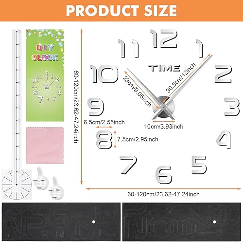 JIZZU 3D Moderne Horloge Murale, Horloge Murale Géante 120cm Silencieuse, Autocollant DIY Horloge Numérique Murale Metal pour Décoration de Salon Chambre Bureau, Cadeau (60-120 cm)- Argent - Nail Gallerys