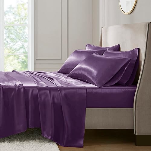 Madison Park Essentials Parure de lit en Satin de Luxe et Soyeuse avec éclat Naturel, Poche Profonde de 40,6 cm, élastique Tout Autour – Literie Toute l'année, Grand lit, Violet, 6 pièces - Nail Gallerys