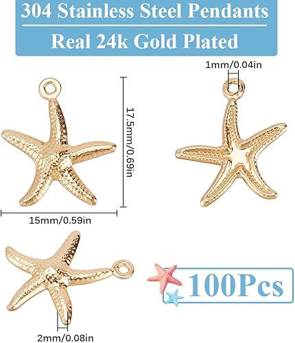 SUNNYCLUE 1 boîte de 100 breloques en Forme D'Étoile de Mer Plaquées Or 24 carats en Vrac, Breloques de Vie Marine en Acier Inoxydable, Breloques de Plage en Forme D'Animal Marin Mignon pour la Fabric - Nail Gallerys