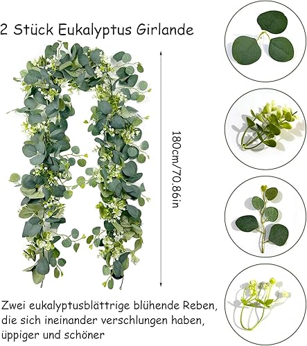 TAIXING 2 Pièces Guirlandes Eucalyptus Artificiel, 1,8 m Artificielle Eucalyptus Guirlande avec Ruban de Cerclage, Guirlande Plante Artificielle pour Mariage Jardin Suspendu Chambre à Coucher Murale - Nail Gallerys