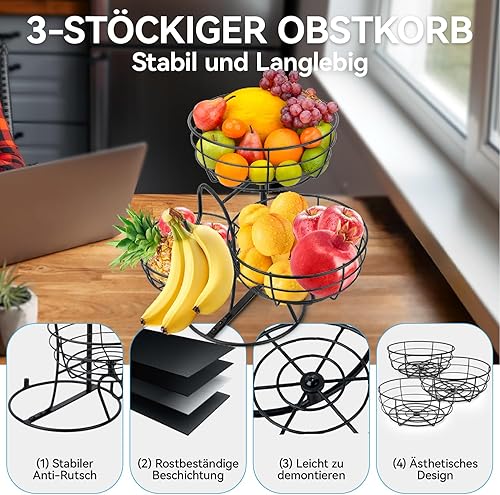 Porte-fruits, Porte-fruits à 3 étages pour le rangement de la cuisine, Porte-fruits décoratif moderne,Gain de place sur l'établi, Corbeille à fruits pour la cuisine, la salle à manger, le salon, Noir - Nail Gallerys