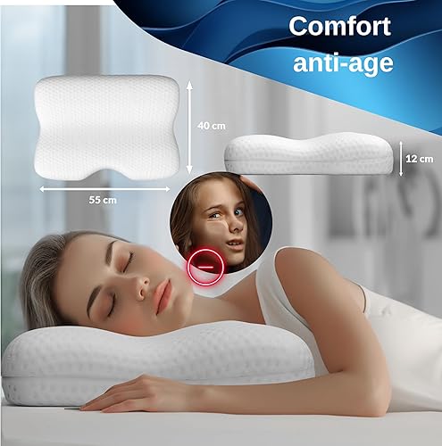 KoKoTex Comfort - Oreiller Cervical Ergonomique, Mousse à Mémoire de Forme, Soutien Nuque et Dos, Anti-Rides, Respirant, Idéal pour Dormir sur Le Côté, Confort Optimal, 55 x 40 x 12 cm - Nail Gallerys
