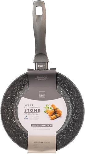 H&H Stone Grey Wok in Alluminio con Rivestimento Antiaderente Stone, 20cm, Induzione - Nail Gallerys