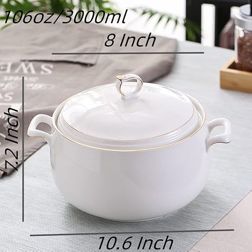 Soupière en céramique avec couvercle, grande capacité de 3 L, avec double poignée, pour cuisine, porcelaine, blanc avec bordure dorée, passe au micro-ondes et au lave-vaisselle (type 2) - Nail Gallerys