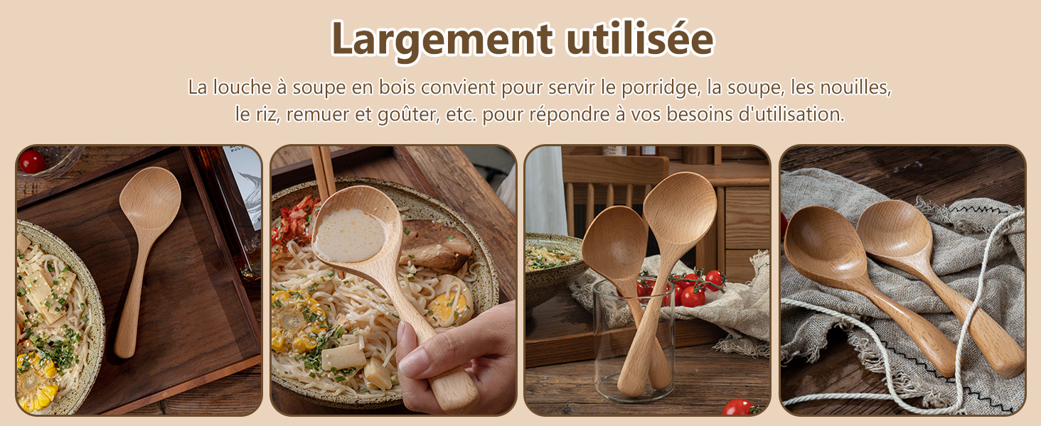 Louche en Bois, 8" Cuillère à Porridge en Bois à Long Manche Cuillère 