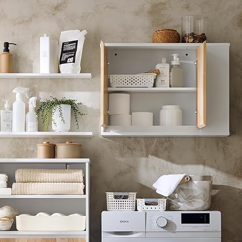 SoBuy Meuble Colonne de Salle de Bain, Armoire Haute étroite, Placard de Rangement avec 2 Niches, 1 Porte et 1 Panier à Linge, Armoire à Linge, L31 x P32 x H170 cm, Blanc, BZR74-W - Nail Gallerys