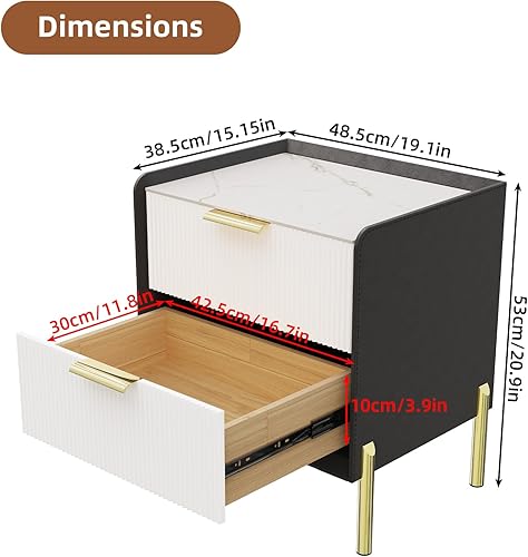 FATIVO Table de Chevet Moderne Blanche: Table de Nuit avec 2 Tiroirs Meuble de Chevet en Pierre Frittée pour Salon Bureau Chambre - 48.5x38.5x53cm - Nail Gallerys