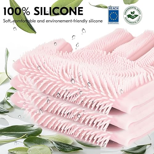 Vgo... Gants éponge de menage vaiselle, gants cuisine nettoyage réutilisables, brosse en silicone, gants de récurage, résistants à la chaleur (SI2142,Rose,9/L,1Paire) - Nail Gallerys