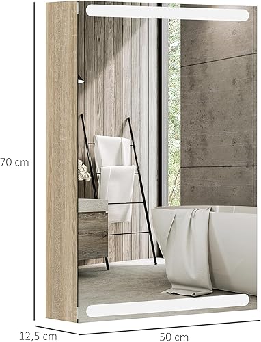 HOMCOM Armoire Murale, Meuble Salle de Bain avec Miroir, Armoire Suspendue avec éclairage LED et étagères en Verre réglables, 50 x 12,5 x 70 cm, Finition Bois Naturel - Nail Gallerys