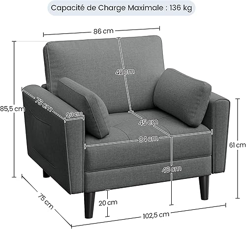 Yaheetech Fauteuil de Salon Moderne avec Accoudoir et Poches Fauteuil Relax avec Coussins Cadre en Bois Fauteuil Chambre en Tissu pour Salon Gris - Nail Gallerys