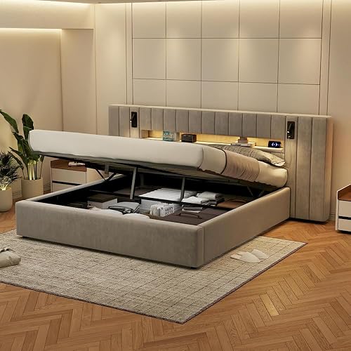 Zepneiy Cadre de lit rembourré 180 x 200 cm, lit Double Coffre avec Port USB et éclairage LED, avec Lampe de Chevet, avec Espace de Rangement, Velours, Gris (Matelas Non Inclus) - Nail Gallerys
