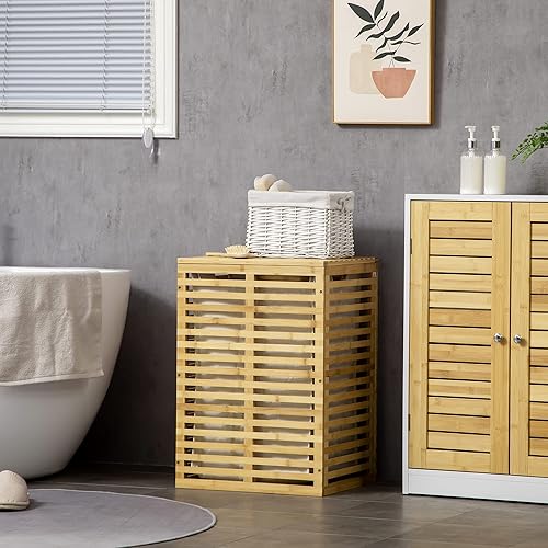 HOMCOM Panier à linge en bambou avec sac en tissu amovible et couvercle - 44 x 37 x 62,5 cm Bois Naturel - Nail Gallerys
