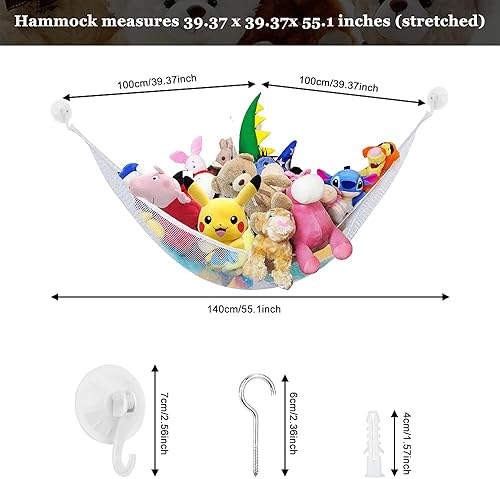 QUCUMER Hamac Peluche en Polyester Flexible Hamac Rangement Peluches 140*100*100cm Grande Taille Filet Hamac de Rangement avec 3 Crochets pour Stockage Jouets Peluches Enfants Bébé Chambre - Blanc - Nail Gallerys